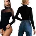 Women Long Sleeve Bodysuit Medium-high Neck Shapewear Body Suits Mesh One Piece Leotard Shirt Going Out Tops Outfits (Black, S)