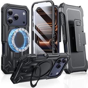 FNTCASE for iPhone 17 Pro-Max Case: with Kickstand [Built-in Screen Protector & Belt Clip] [Compatible with MagSafe] Military Grade Shockproof Rugged Hard TPU Magnetic Phone Cover Black