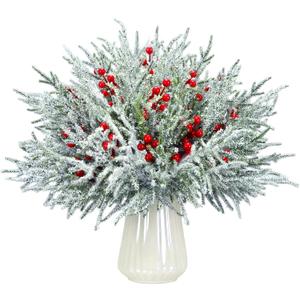 40 PCS Christmas Artificial Snow Pine Branches with Berry Stems,14" Faux Norfolk Pine Branches Faux Greenery Picks for Christmas Vase Filler Garland Home Decorations