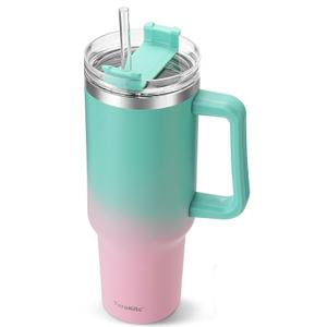 TaroKitc 40 oz Tumbler with Handle | Stainless Steel Insulated Travel Mug Iced Coffee Cup with Lids and Straw | Keeps Cold for 34 Hours | Dishwasher Safe, BPA Free | Macaron