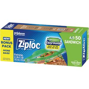 Ziploc Sandwich and Snack Bags with EasyGuide Texture, Plastic Storage Bags with Grip 'n Seal Technology, 50 Bags Total