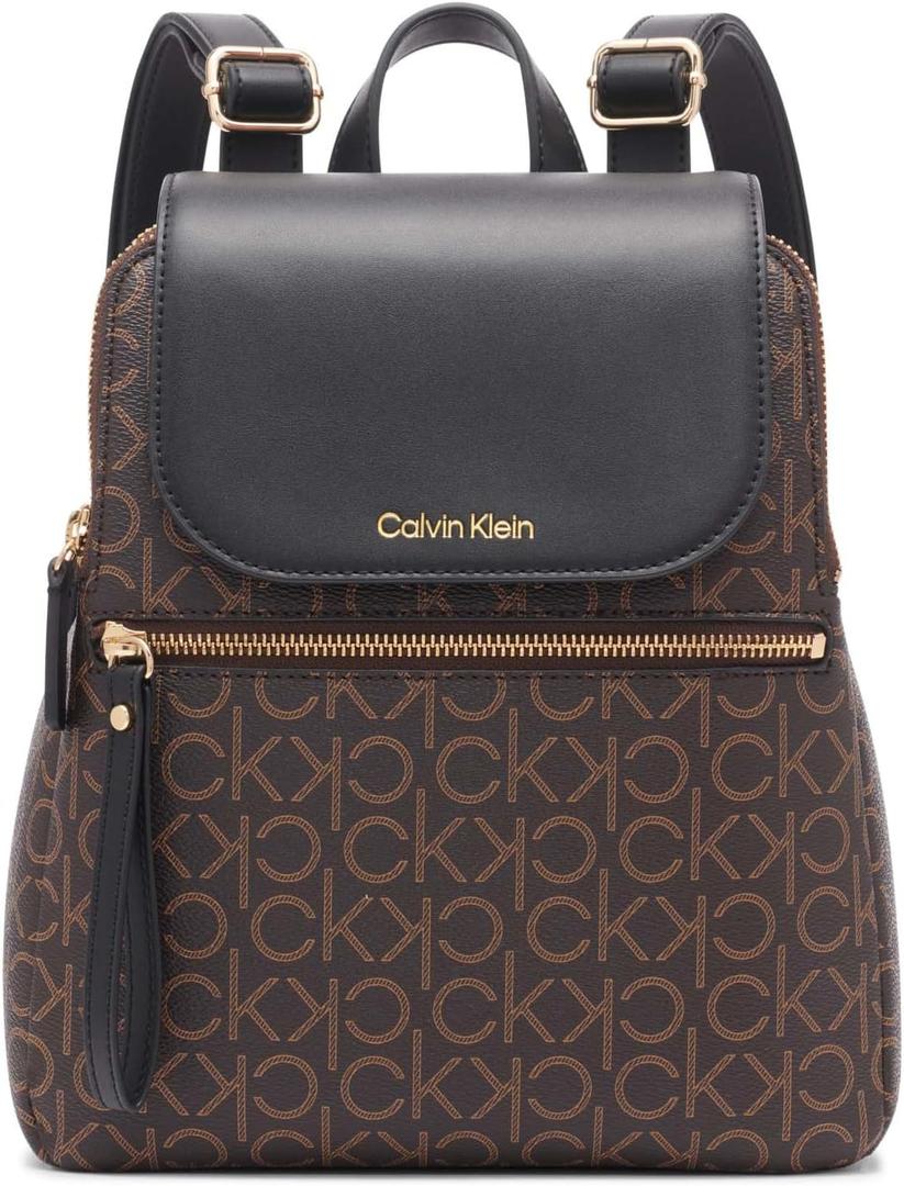 Calvin Klein Reyna Signature Key Item Flap Backpack, Brown/Khaki/Black, One Size