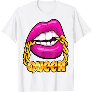 Melanin Juicy Lips Gold Chain Hot Pink Bubblegum Black Queen T-Shirt (White, S)