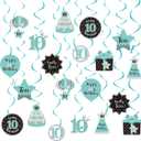 Happy 10th Birthday Party Hanging Swirls Streams Ceiling Decorations, Celebration 10 Foil Hanging Swirls with Cutouts for 10 Years Teal Silver Black Blue Birthday Party Decorations Supplies