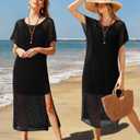 VOTEPRETTY Womens Two Piece Cover Ups Sets Crochet Beach Vacation Summer Swimwear Short Sleeve Outfits Split Knit Long Dress (Black)