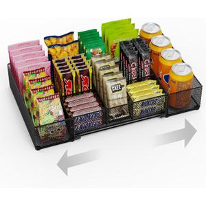 Expandable Snack Organizer, Adjustable Snack Container with 9 Compartments, Kitchen Countertop and Pantry Storage Tray for Tea Bags, Coffee Pods, Candy, and Cookies
