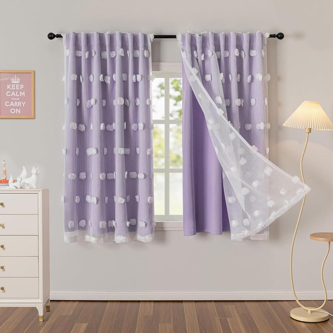 MYSKY HOME Lilac Curtains for Girls Bedroom Nursery Curtain with White Pom Pom Sheer Window Drapes Back Tab Room Darkening Double Layer 63 Inches Length 2 Panels, Light Purple, W52 X L63