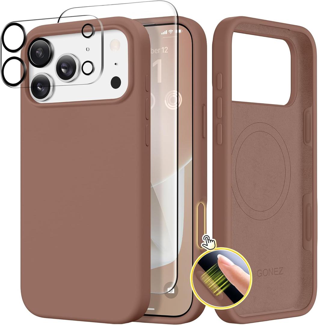 GONEZ Magnetic for iPhone 17 Pro Max Case, Compatible with MagSafe, [Screen Protector + Camera Lens Protector], Liquid Silicone Anti-Scratch Shockproof Protective Phone Case 6.9 inch, Brown