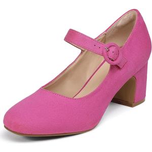IDIFU IN3 Mary Jane Pumps Closed Toe Low Short Chunky Block Dress Shoes for Women Wedding Bridal Flight Attendant Heels Formal Cute Round Toe Vintage Small Thick Pumps Heels with Round Buckle (7, Hot Pink Suede)