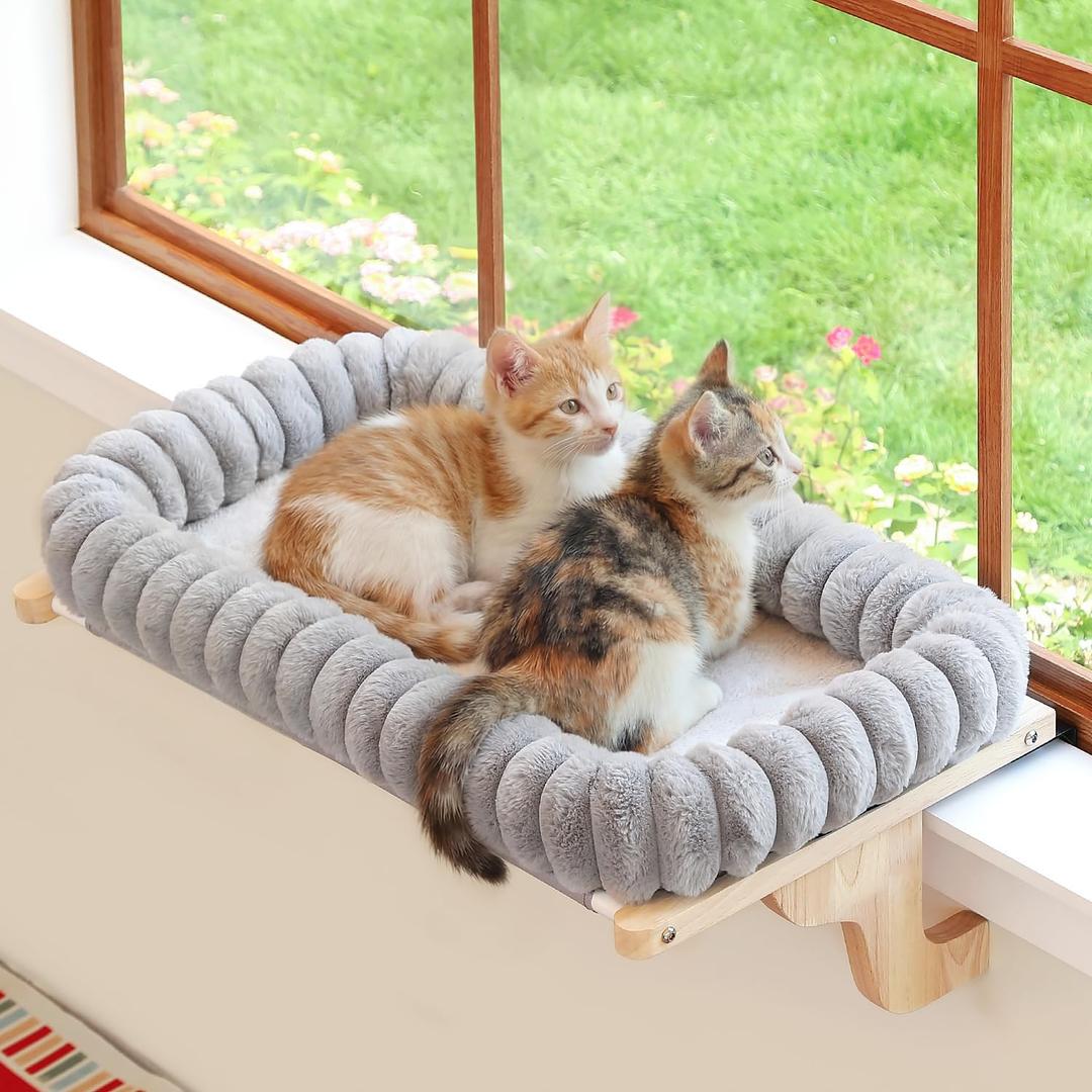 Zakkart SnugCloud Cat Window Perch with 4-Sided Bolster - Large Cat Hammock for Window Sill - Solid Hardwood & Metal Frame - Window Seat for Pets (Natural Color Wood w/Gray Bed, Large) (Large (25"x15"))