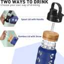 MUKOKO Glass Water Bottles, 24oz Glass Tumbler with Straw, Drinking Bottles with 2 Lids-Handle Spout Lid&Bamboo Straw Lid, Motivational Water Bottle with Time Marker and Silicone Sleeve, 1 Pack-Blue