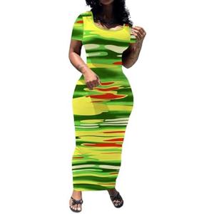 PINSV Women's Casual Bodycon Maxi Dress Summer Scoop Neck Short Sleeve Long Fitted Dresses Club Party, Large