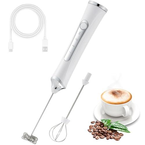 Freebala Handheld Electric Milk Frother with 2 Heads, Coffee Whisk Foam Mixer with USB Rechargeable 3 Speeds, Foam Maker Blender for Latte, Cappuccino, Hot Chocolate, Egg (White)