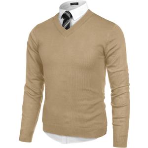 COOFANDY Mens V Neck Dress Sweater Knit Long Sleeve Slim Fit Sweaters Fashion Pullover Sweater (Medium, Cream-colored)