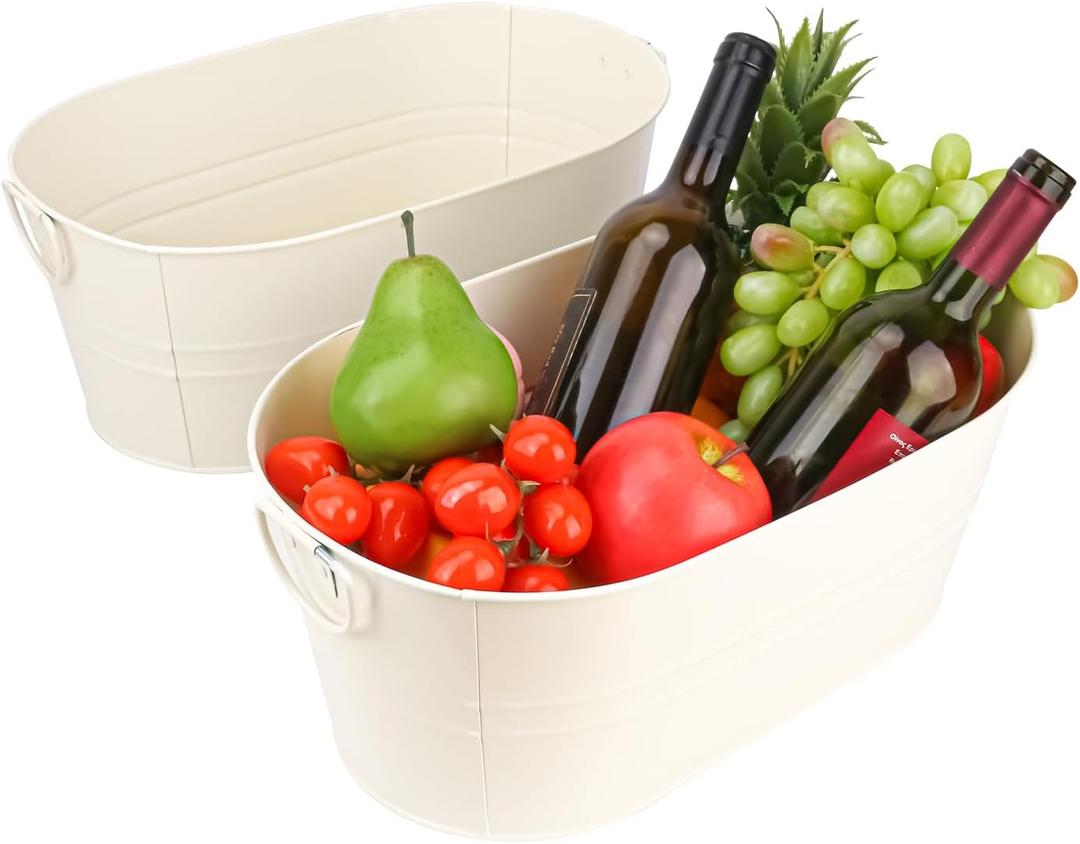 2 Pack White Metal Ice Bucket with Handle, 3 Gallon Large Galvanized Bucket, Oval Beverage Tub, Wine Beer Drink Buckets, Drink Holder for Party, Cocktail Bar, Holiday, Party, Wedding