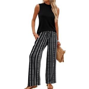 WIHOLL Two Piece Set for Women Summer Spring Outfits Cruise Travel Airport Beach Vacation Clothes Trendy Lounge Sets Mock Neck Matching Women Clothing Wide Leg Pants Set, Stripped Black, Small