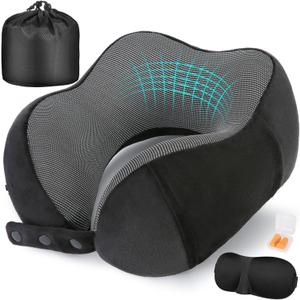 Cirorld Neck Pillow for Traveling, Travel Pillows for Airplanes,100% Pure Memory Foam Travel Neck Pillow, Adjustable Flight Pillow, Portable Plane Accessories with Eye Mask, Earplugs, Carry Bag (Black)