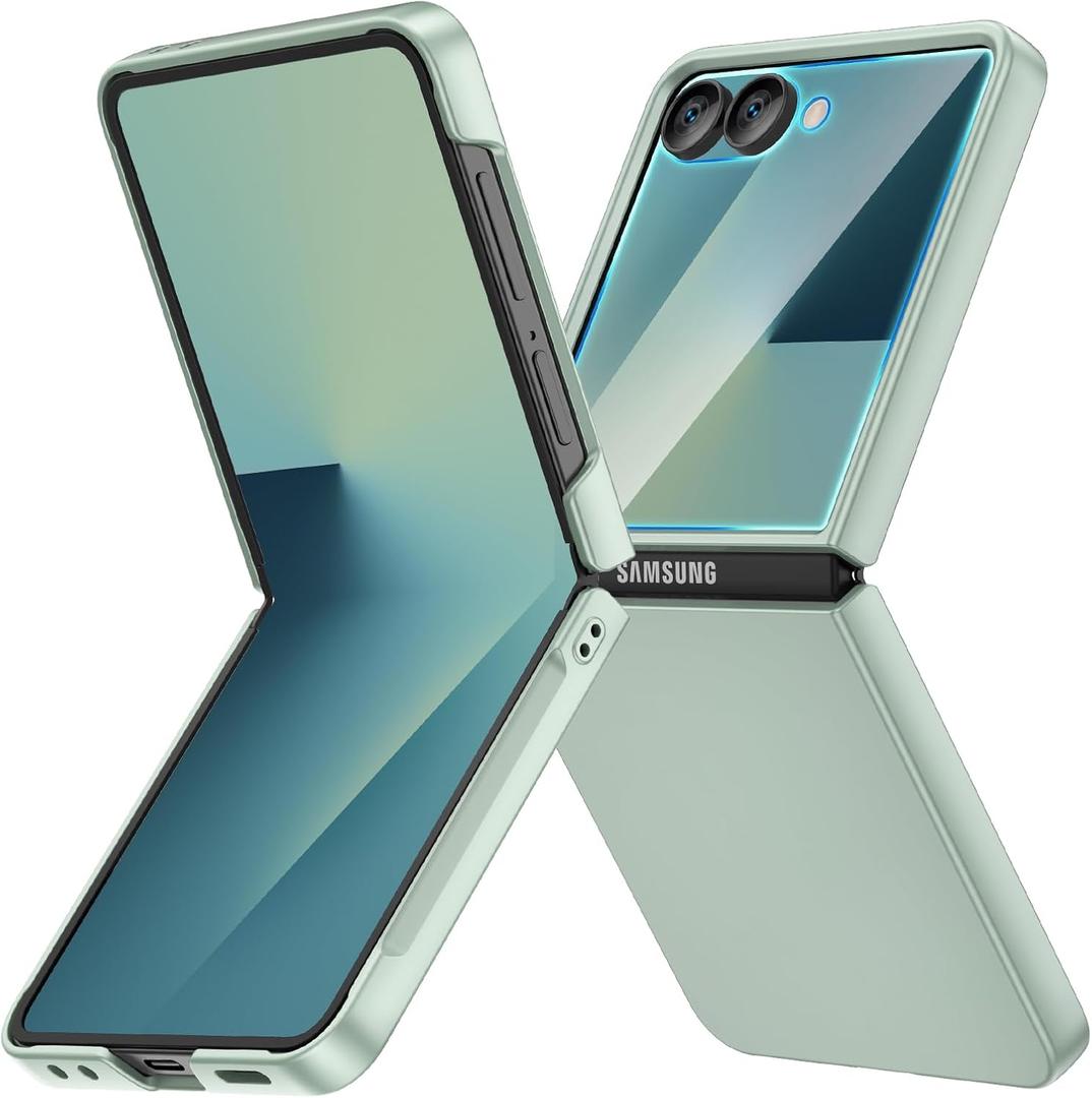 Ruky for Galaxy Z Flip 7 Case, Built-in Back Screen Protector, Hard PC Ultra Slim Anti-Scratches Shockproof Wireless Charging Phone Cover for Samsung Z Flip 7, Mint Green