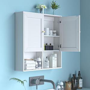 Bathroom Wall Cabinet, Medicine Cabinet with 2 Door and Adjustable Shelves,3-Tier Wood Hanging Storage Over The Toilet,White Wall Mounted Cabinet for Bathroom, Kitchen,Laundry Room