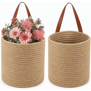 YOUEON Set of 2 Jute Hanging Basket 7.8" x 6.7", Small Wall Hanging Planter Baskets, Natural Jute Woven Storage Basket for Flower Plants Towels Sunglasses Wallet Keys, Boho Decor