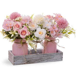 LUEUR Mason Jar Lights Centerpiece with Farmhouse Wood Tray – 3 Jars with Pink Rose Spring Flowers, Rustic Spring & Summer Wedding Decoration for Dining Table, Coffee Table, Kitchen & Living Room