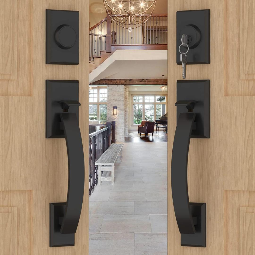 Goldenwarm Double Front Door Lock Set, Matte Black Double Door Handle with Dummy, Double Front Door Hardware Set with Reversible Handle Lever