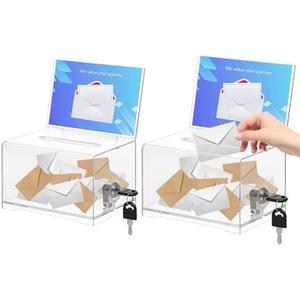 KYODOLED Clear Donation Box for Fundraising, Suggestion Box with Lock and Key, Raffle Box for Tickets with Sign Holder, Tip Jar for Event and Organization, 6.2"x4.6"x4", 2PACK(Sign Card Not Contain)