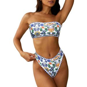 ZAFUL Women Strapless Textured Bandeau Bikini 2 Piece Swimwear Cheeky Solid Lace up Bathing Suits (7-blue Yellow, XL)