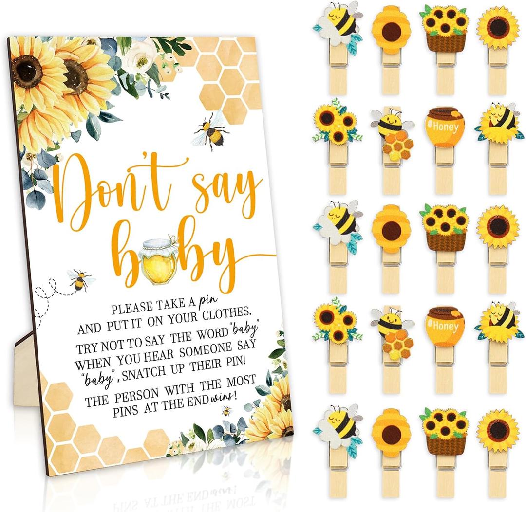 51Pcs Don't Say Baby Shower Game Favor Yellow Bee Sunflower Wooden Sign with 50 Cute Clothespin for Summer Gender Reveal Party Supplies