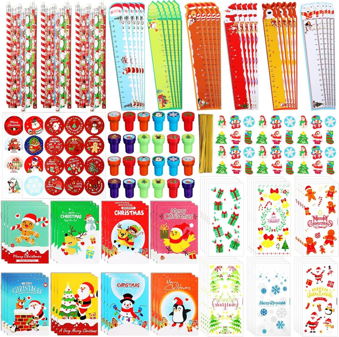 Yexiya 216 Pcs Christmas Stationery Party Favors Goodie Bag Stuffers Bulk Include Pencil Eraser Ruler Stamp Mini Notebook Treat Bag Sticker Gift Exchange Prizes Carnival Event