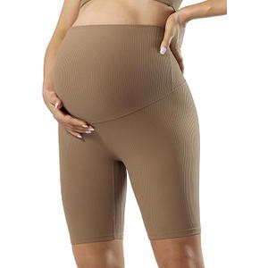 POSHDIVAH Ribbed Maternity Biker Shorts Over The Belly for Women - 8" Buttery Soft Pregnancy Workout Athletic Short Leggings, Small