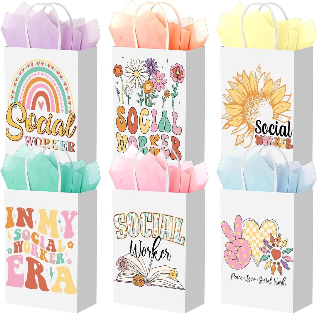 Sweetude 24 Pcs Social Worker Appreciation Gift Bags with Tissue Paper, Social Worker Month Paper Bags Bulk with Handle for Women Men Volunteer Retirement Coworker Party Decor