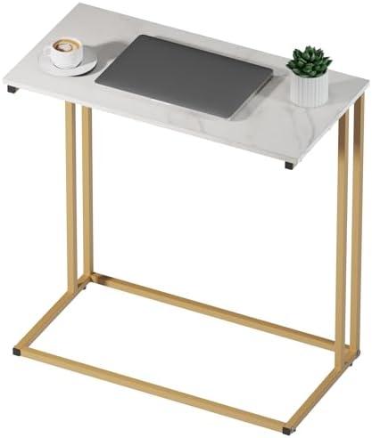C Shaped End Table with Marble Top & Gold Frame - Narrow Side Table for Couch, Sofa or Bed - Compact Accent Tables Living Room | Multi-Space Small Tables for Office, Bedroom 24x12x25in(White)