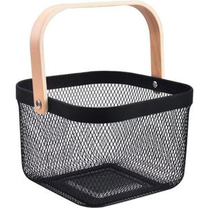 Metal Mesh Wire Basket, Small Steel Basket with Wooden Handle Storage Organizer Basket Multi-functional Hanging Kitchen Baskets Fruit Baskets for Kitchen Bathroom Cabinet Pantry Snacks, Black