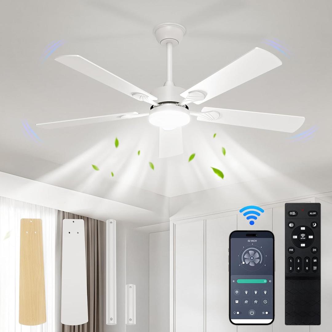 Ceiling Fans with Lights,42 inch Ceiling Fan with Light and Remote,Reversible,3CCT,6-speeds,Dimmable,Noiseless,White Ceiling Fan for Bedroom, Kitchen,Living Room