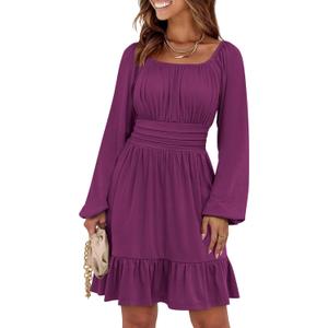 ANRABESS Womens Dress Long Lantern Sleeve Square Neck Elastic Waist Ruffle Flowy Swing A-Line Short Dresses 2025 Fall Fashion (Deep Purple), S