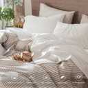 MooMee Bedding Sheet Set 100% Washed Cotton Linen Like Textured Breathable Durable Soft Comfy (Solid Off White, Queen)