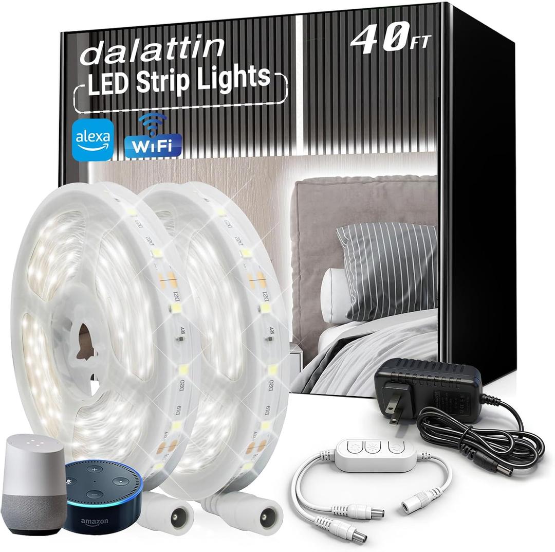 dalattin WIFI White LED Strip Lights, 40ft Dimmable Super Bright 24V Led Tape, Work with Alexa and Google Assistant, Timer Schedule 6500K 720 LEDs Lights for Bedrooms, Mirror, Kitchen, Home Decoration