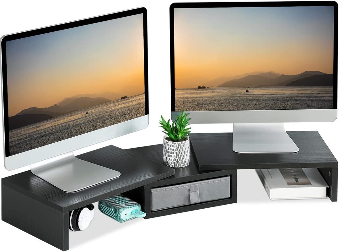 TEAMIX Dual Monitor Stand Riser with Drawer - Length and Angle Adjustable Double Monitor Riser Corner Desk Shelf Organizer 37 inch Long Monitor Riser for 2 Monitors/Laptop/PC/Screen/TV (Black)