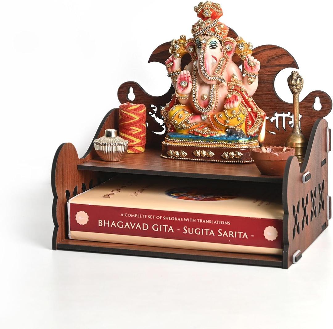 Pooja Mandir for Home, Wooden Temple Small with Utility Shelf, DIY Wall Mounted Puja Mandirs, Home Temple Devghar, Puja Stand for Office, Shop - 8"x8.5" (Shubh Labh with Kalash Carving)