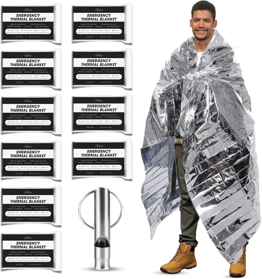 CloudTen Premium Quality Emergency Blanket Bundle | 10 Tear Resistant Blankets Plus Emergency Whistle | Reusable Emergency Mylar Blankets for Survival Gear and Supplies or Camping Essentials