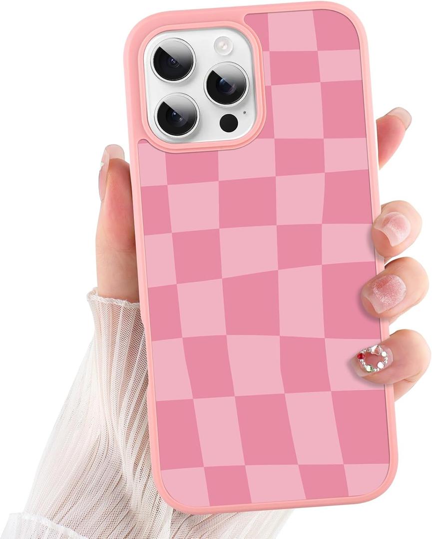 ZIYE for iPhone 16 Pro Max Case Pink Checkered Grids Plaid Checkerboard Pattern Phone Case Soft TPU Bumper Hard PC Cute Protective Cover Slim Lightweight Design Cases