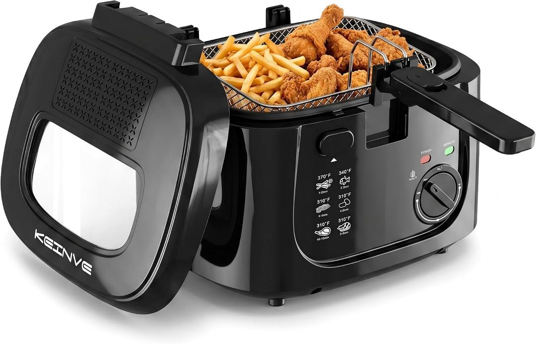 KEINVE Electric Deep Fryer with Basket, 2.5L Oil Fryer with Non-Stick Inner, Viewing Window, 1600Watt Fast Heating, Black