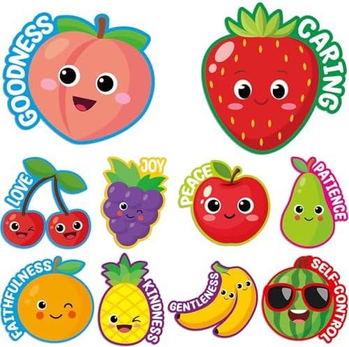 60Pcs Fruit of The Spirit Christian Bulletin Board Set VBS Vacation Bible Religious Accents Cutouts Sunday School Christian Kids Classroom Wall Art Decor Back to School Teacher Supplies