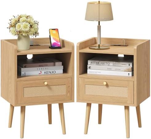 Rattan Nightstand with Charging Station, Mid Century Modern Bed Side Table, Boho End Table with Wood Legs, Bedside Tables for Farmhouse Bedroom Living Room Dorm Sofa Couch Office Corner (2, Natural)