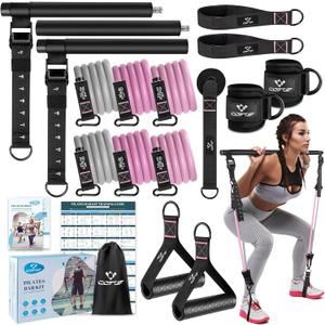 Pilates Bar Kit with Resistance Bands, Multifunctional Yoga Pilates Bar with Heavy-Duty Metal Adjustment Buckle, Portable Home Gym Pilates Resistance Bar Kit for Women Full Body Workouts (Pink Pro(30/40/50lbs))
