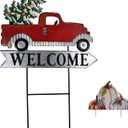 Morning View Red Pickup Truck Yard Stakes Welcome Sign Metal Garden Stake Interchangeable Christmas Tree Fall Pumpkin Outdoor Seasonal Yard Art for Lawn Xmas Winter Autumn Holiday 24 Inches