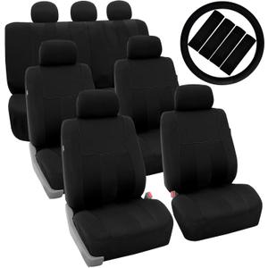 FH Group Three Row Combo Set Striking Striped 7 Seater Car Seat Covers with Steering Wheel Cover and Seat Belt Pads - Universal Fit for Most Cars, Trucks, SUVs or Vans Black