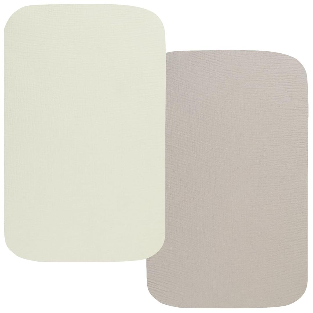 Onacosht Muslin Bassinet Sheets 35" X 20" Compatiable with AMKE 3 in 1 Bassinets, MiClassic, Uiuwoo, Foalom, YADAQE, Milliard and TCBunny Bassinet, 100% Cotton, 2 Pack, Fog and Beige