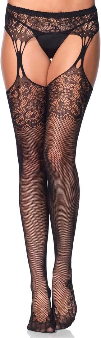 Leg Avenue Women's Lace Top Fishnet Stockings with Attached Garter Belt Black Lace